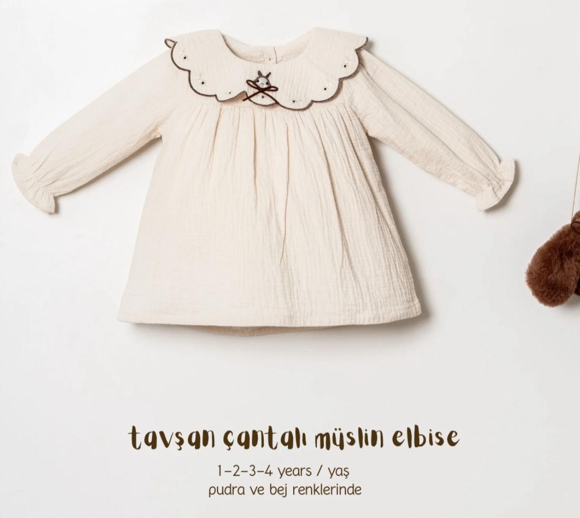 Krem Tavşanlı Müslin Elbise-Çantalı | Image Not Found